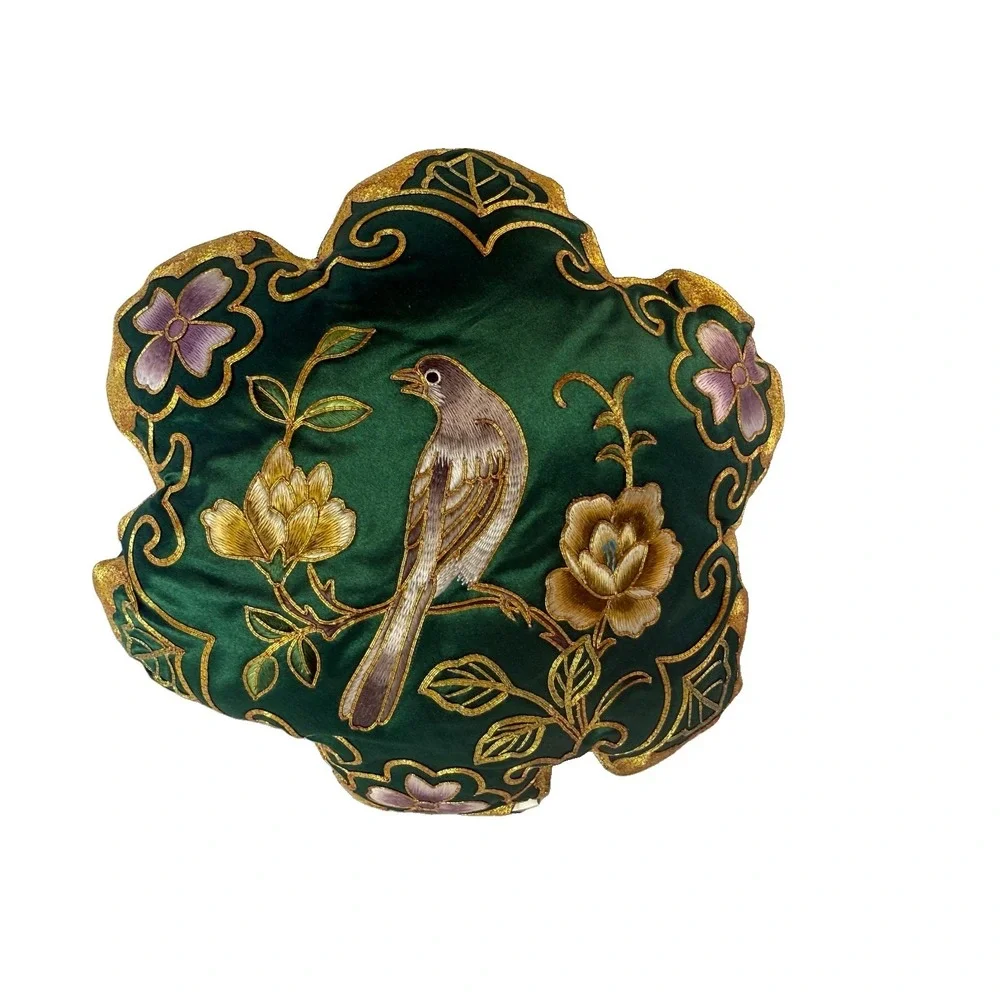 NOS Vintage Silk Chinoiserie Pillow Gold Bullion Metallic Embroidered Green Bird